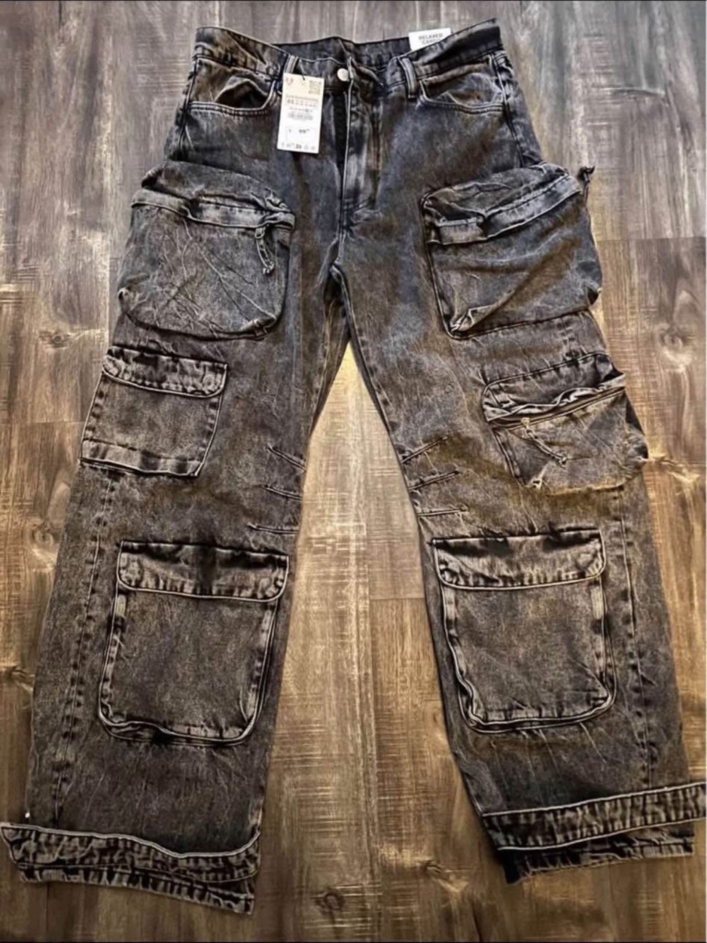 Washed Black Cargo Pants with Multiple Pockets